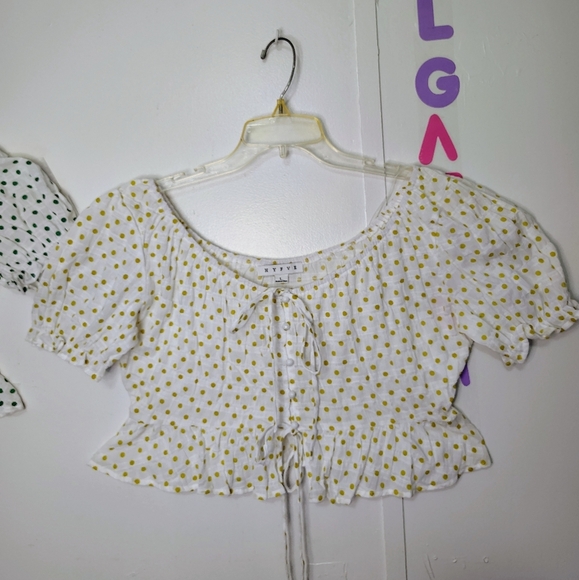 NWOT HYFVE bundle 2 Crop Top polka dots tie, puff sleeves, cotton sz L. - Picture 10 of 16